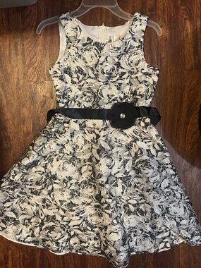 Rare Editions Black and White Floral Fit & Flare Dress with Decorative Belt